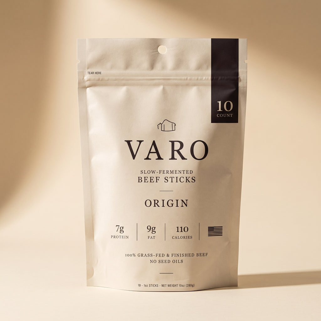 ORIGIN bag of VARO slow-fermented beef sticks on a cream backdrop