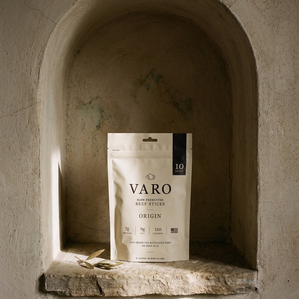 ORIGIN bag of VARO slow-fermented beef sticks in an arched stone niche