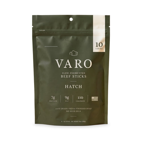 VARO HATCH beef sticks 10-count bag, front