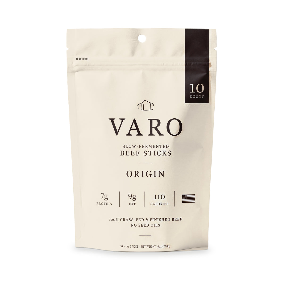 VARO ORIGIN beef sticks 10-count bag, front