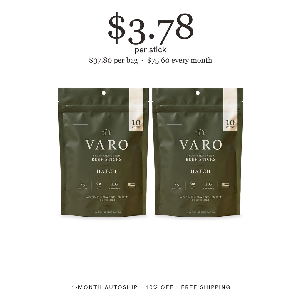 2 bags of VARO HATCH beef sticks, 1-Month Autoship, $3.78 per stick