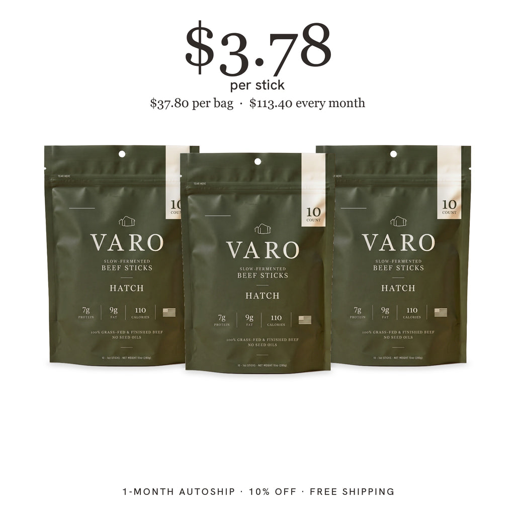 3 bags of VARO HATCH beef sticks, 1-Month Autoship, $3.78 per stick