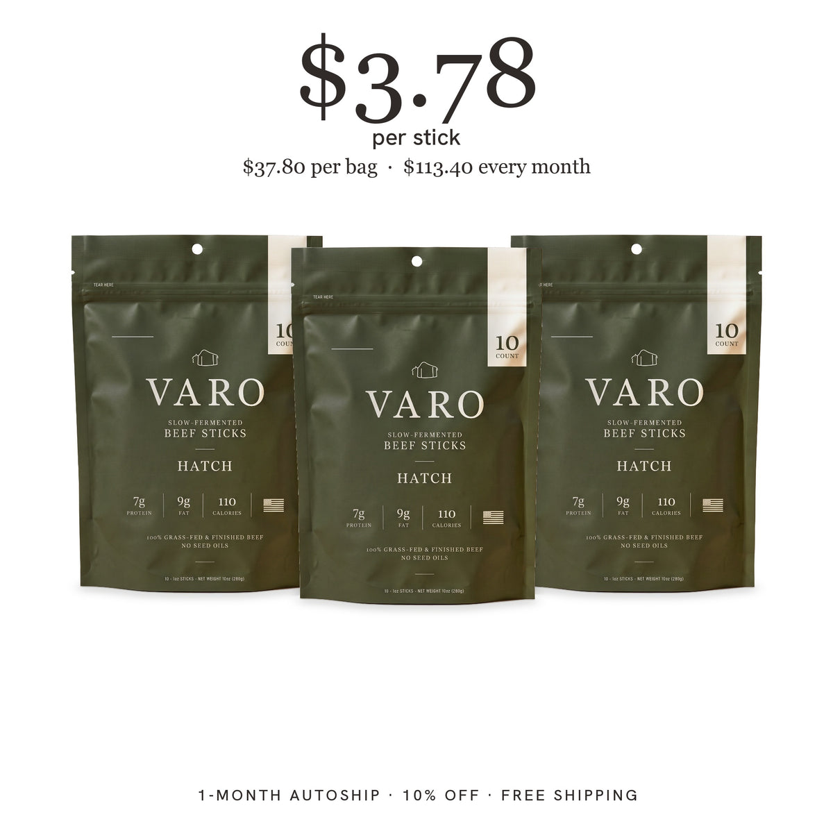 3 bags of VARO HATCH beef sticks, 1-Month Autoship, $3.78 per stick