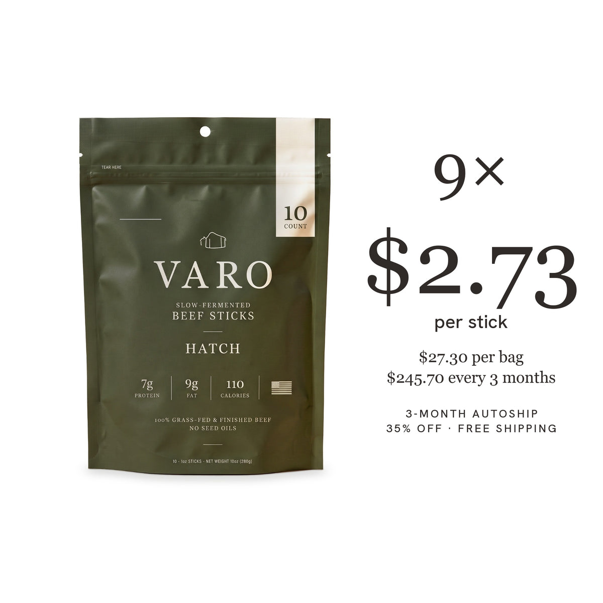 VARO HATCH beef sticks 10-count bag with a 9× count, 3-Month Autoship, $2.73 per stick