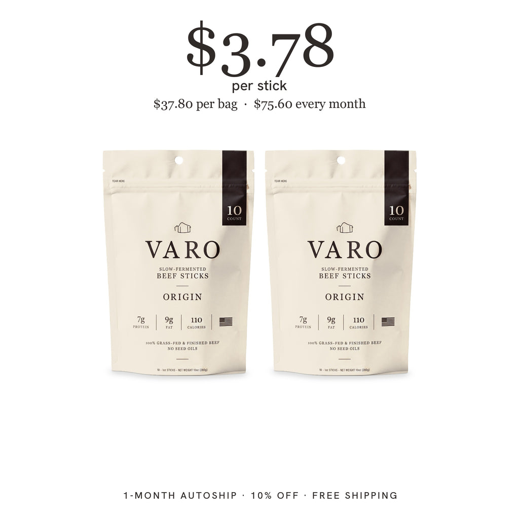 2 bags of VARO ORIGIN beef sticks, 1-Month Autoship, $3.78 per stick