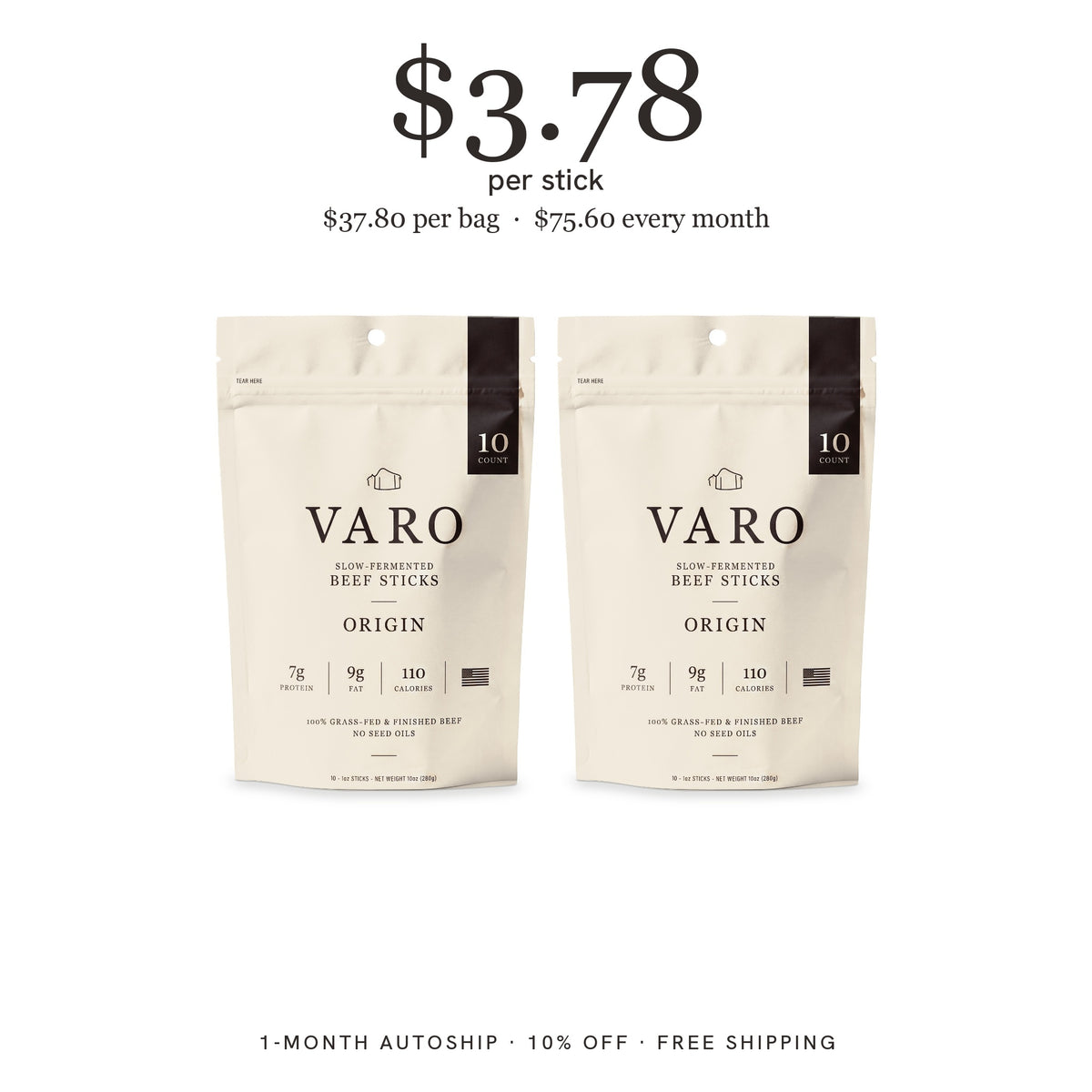 2 bags of VARO ORIGIN beef sticks, 1-Month Autoship, $3.78 per stick