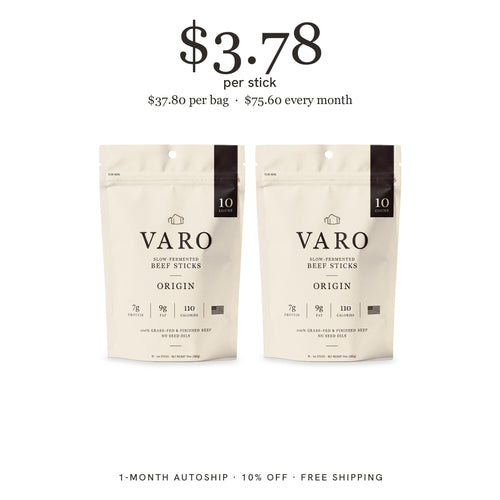 2 bags of VARO ORIGIN beef sticks, 1-Month Autoship, $3.78 per stick