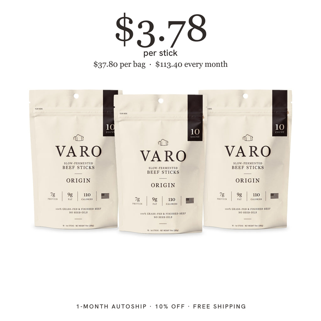 3 bags of VARO ORIGIN beef sticks, 1-Month Autoship, $3.78 per stick