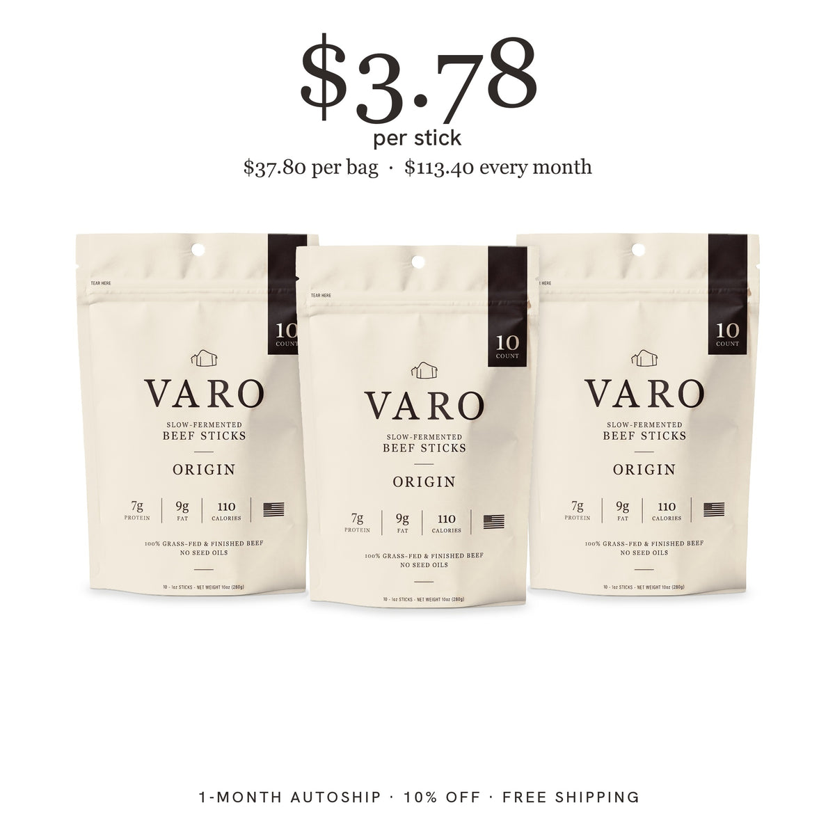 3 bags of VARO ORIGIN beef sticks, 1-Month Autoship, $3.78 per stick