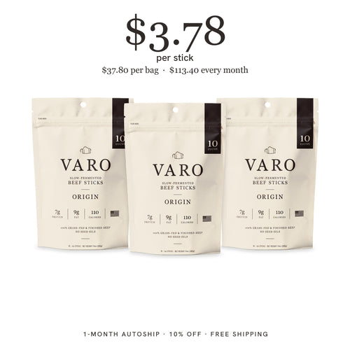 3 bags of VARO ORIGIN beef sticks, 1-Month Autoship, $3.78 per stick