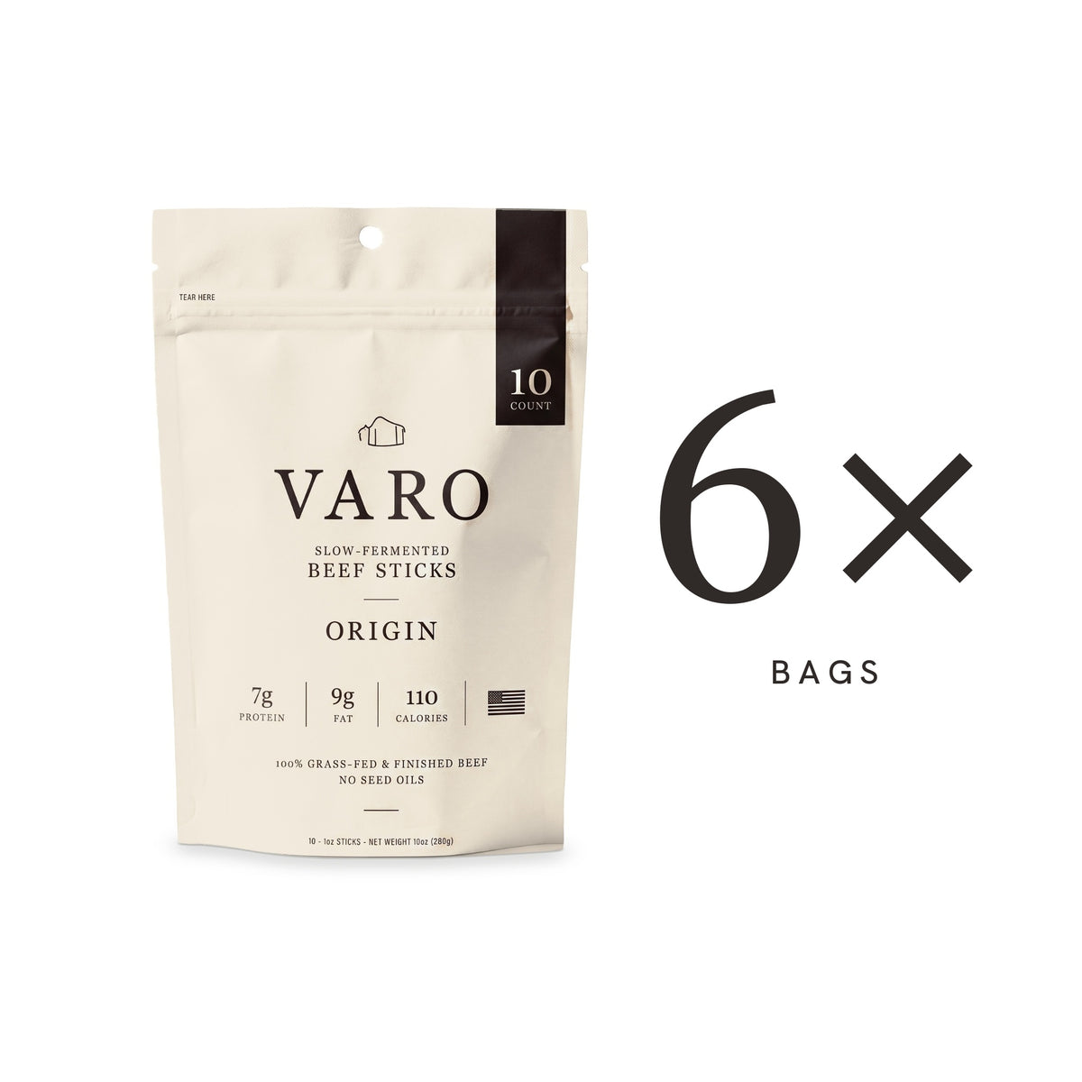VARO ORIGIN beef sticks 10-count bag with a 6× count, 3-Month Autoship