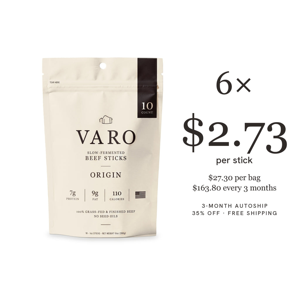 VARO ORIGIN beef sticks 10-count bag with a 6× count, 3-Month Autoship, $2.73 per stick