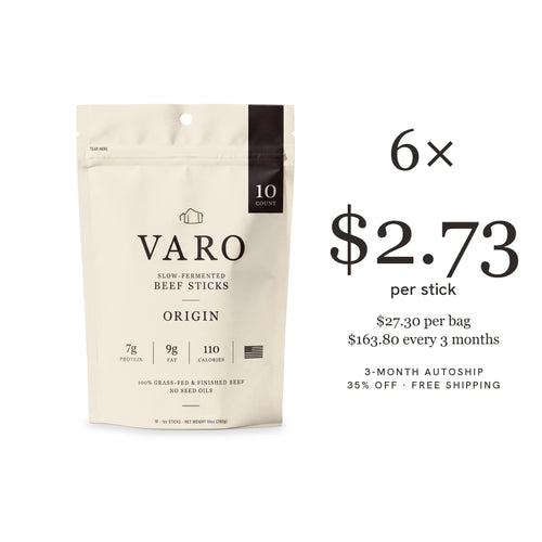 VARO ORIGIN beef sticks 10-count bag with a 6× count, 3-Month Autoship, $2.73 per stick