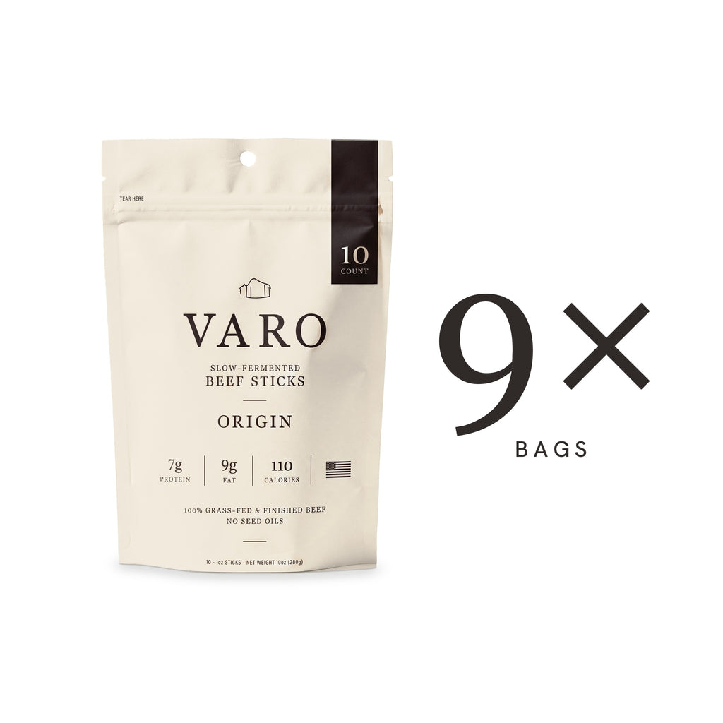 VARO ORIGIN beef sticks 10-count bag with a 9× count, 3-Month Autoship