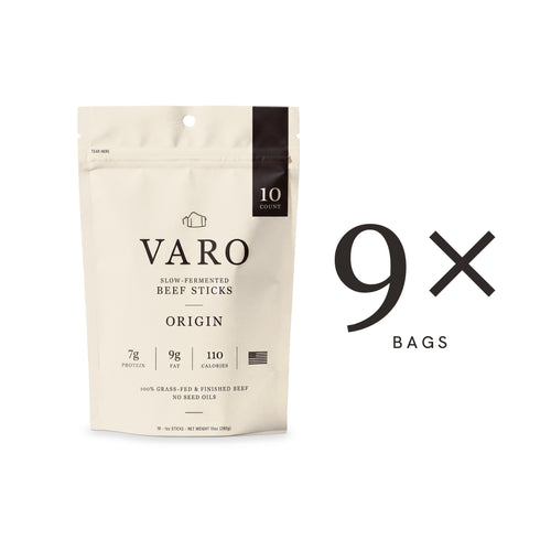 VARO ORIGIN beef sticks 10-count bag with a 9× count, 3-Month Autoship