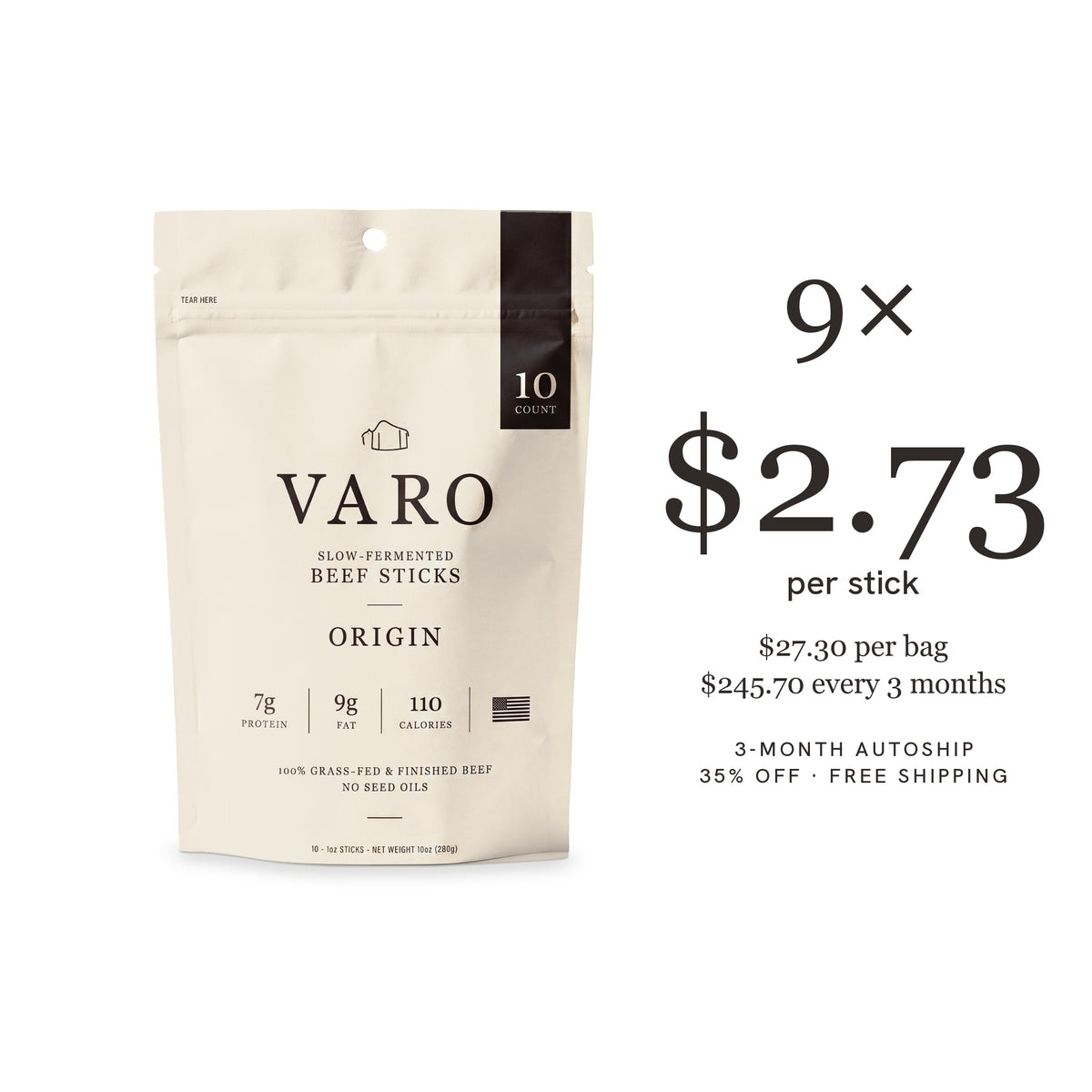 VARO ORIGIN beef sticks 10-count bag with a 9× count, 3-Month Autoship, $2.73 per stick